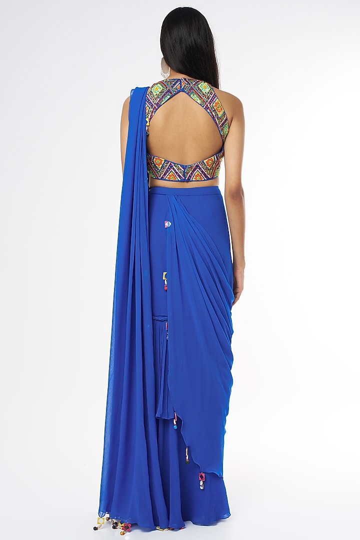 Indigo Blue Georgette Skirt Wedding Saree Set With Potli Bag by DiyaRajvvir at Pernia's Pop Up Shop