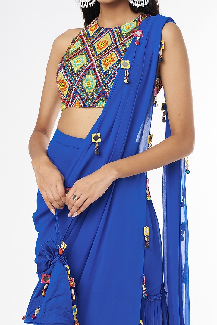 Indigo Blue Georgette Skirt Wedding Saree Set With Potli Bag by DiyaRajvvir at Pernia's Pop Up Shop