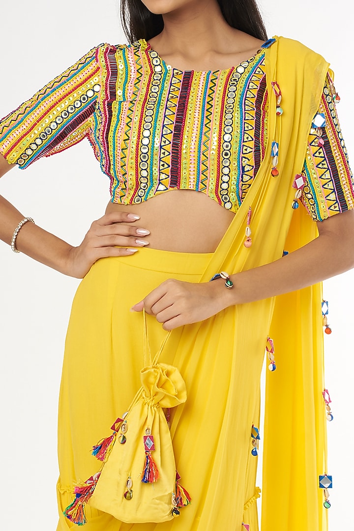 Yellow Tasseled Skirt Wedding Saree Set With Potli Bag by DiyaRajvvir at Pernia's Pop Up Shop