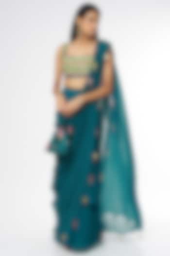 Teal Blue Georgette Skirt Wedding Saree Set With Potli Bag by DiyaRajvvir at Pernia's Pop Up Shop
