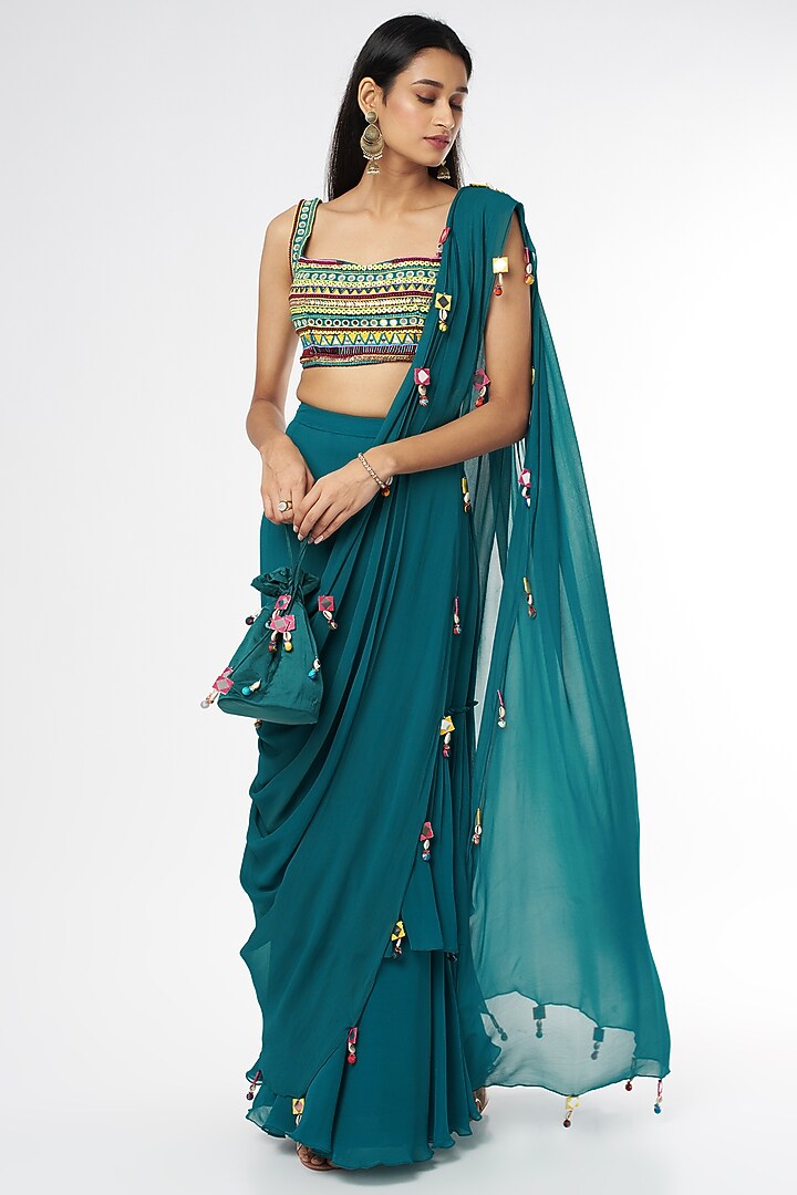Teal Blue Georgette Skirt Wedding Saree Set With Potli Bag by DiyaRajvvir at Pernia's Pop Up Shop