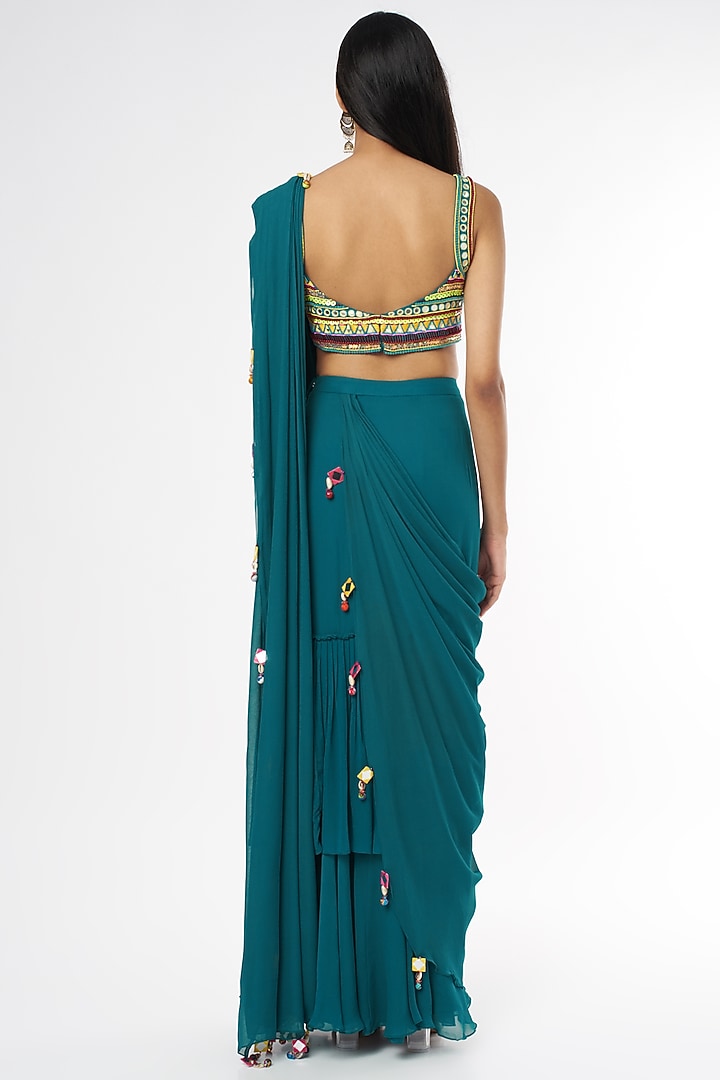 Teal Blue Georgette Skirt Wedding Saree Set With Potli Bag by DiyaRajvvir at Pernia's Pop Up Shop