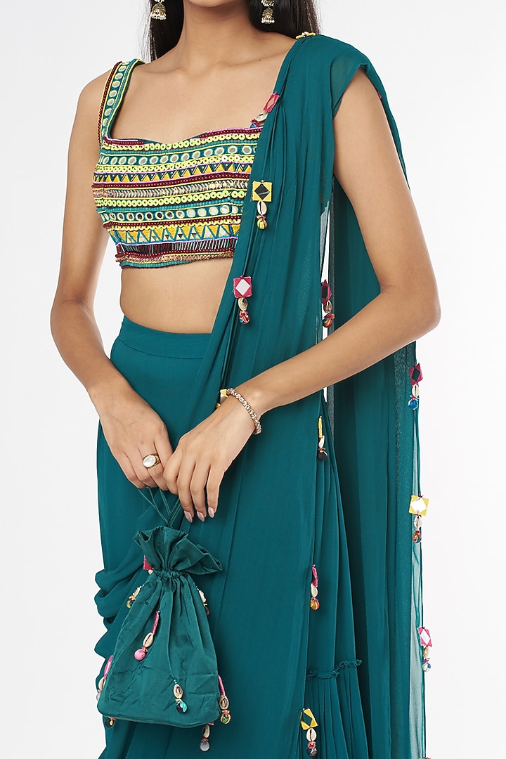 Teal Blue Georgette Skirt Wedding Saree Set With Potli Bag by DiyaRajvvir at Pernia's Pop Up Shop