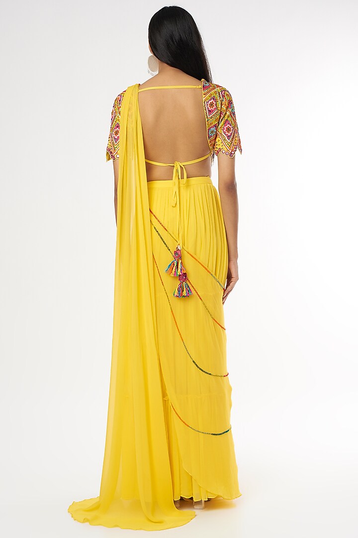 Yellow Georgette Skirt Wedding Saree Set With Potli Bag by DiyaRajvvir at Pernia's Pop Up Shop