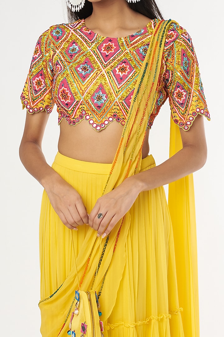 Yellow Georgette Skirt Wedding Saree Set With Potli Bag by DiyaRajvvir at Pernia's Pop Up Shop