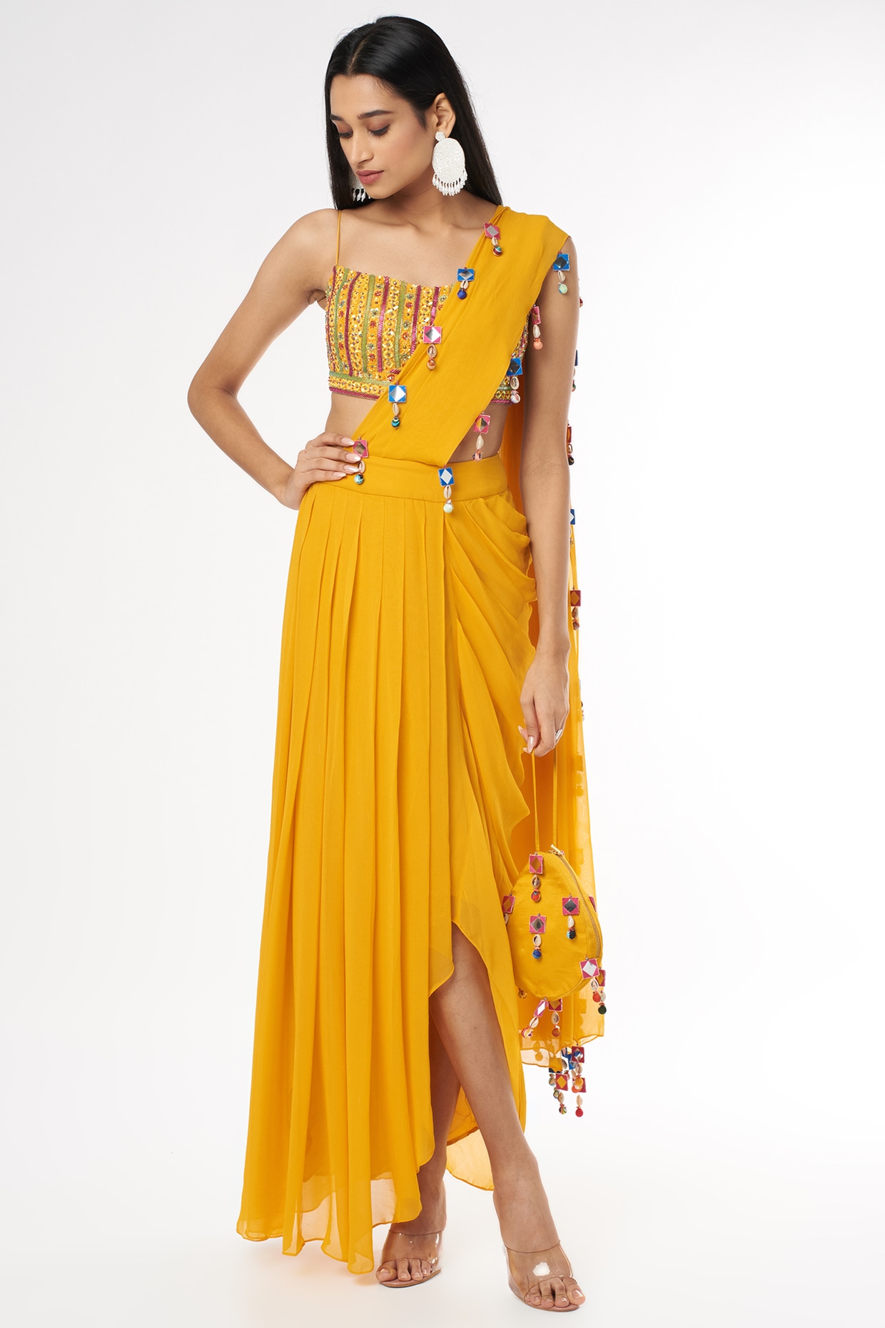 Yellow Dhoti Saree with Blue Bustier - Priti Sahni