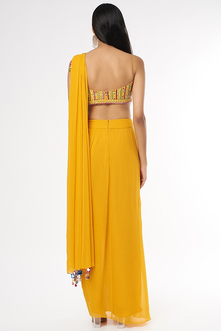 Yellow Georgette Tasseled Dhoti Wedding Saree Set With Drop Potli Bag by DiyaRajvvir at Pernia's Pop Up Shop