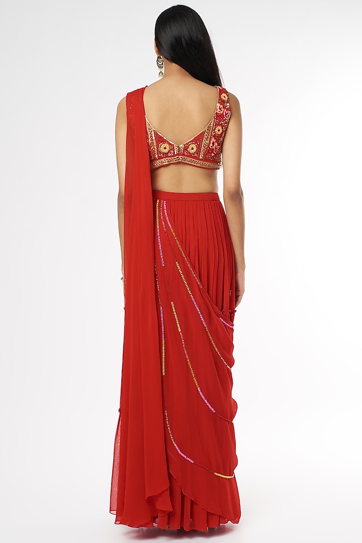 Red Embroidered Skirt Wedding Saree Set With Drop Potli Bag by DiyaRajvvir at Pernia's Pop Up Shop