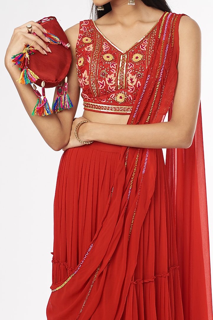 Red Embroidered Skirt Wedding Saree Set With Drop Potli Bag by DiyaRajvvir at Pernia's Pop Up Shop