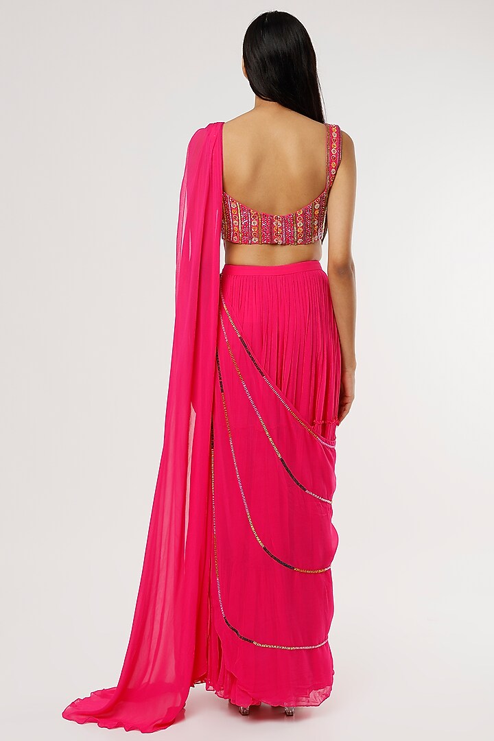 Fuchsia Pink Embroidered Tiered Skirt Wedding Saree Set by DiyaRajvvir at Pernia's Pop Up Shop