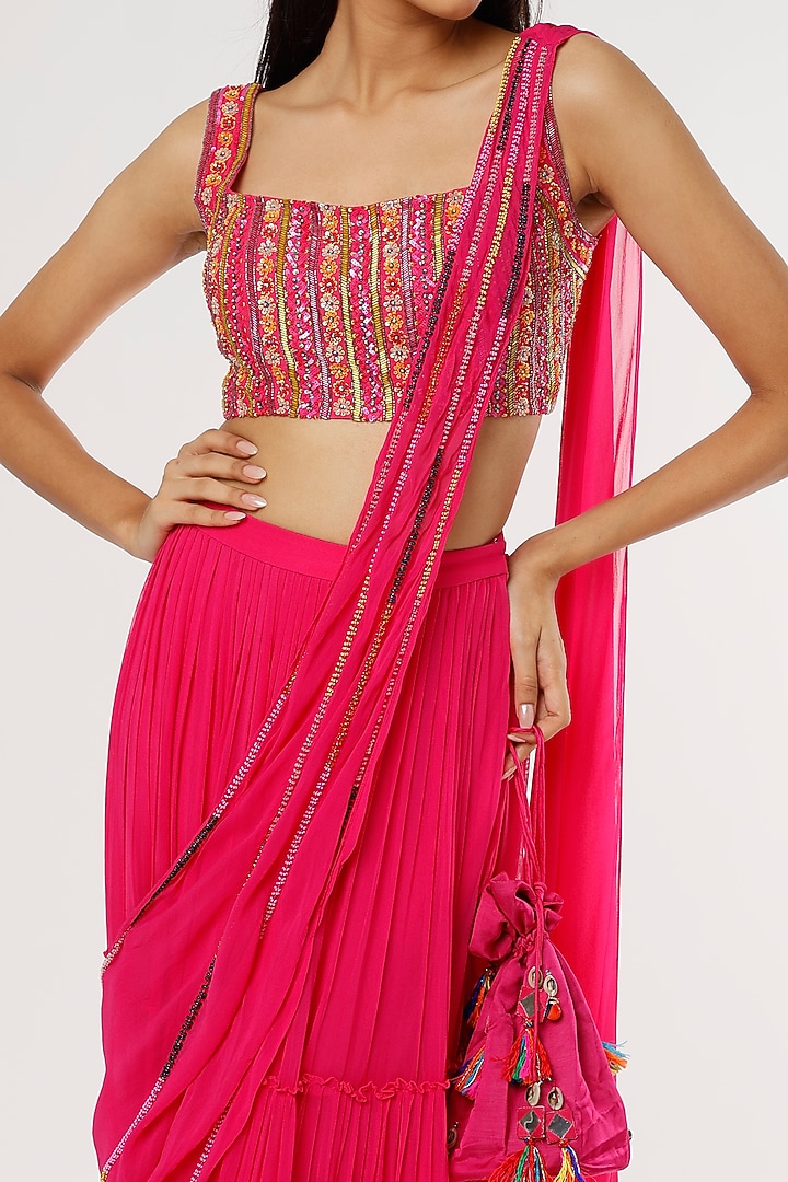 Fuchsia Pink Embroidered Tiered Skirt Wedding Saree Set by DiyaRajvvir at Pernia's Pop Up Shop