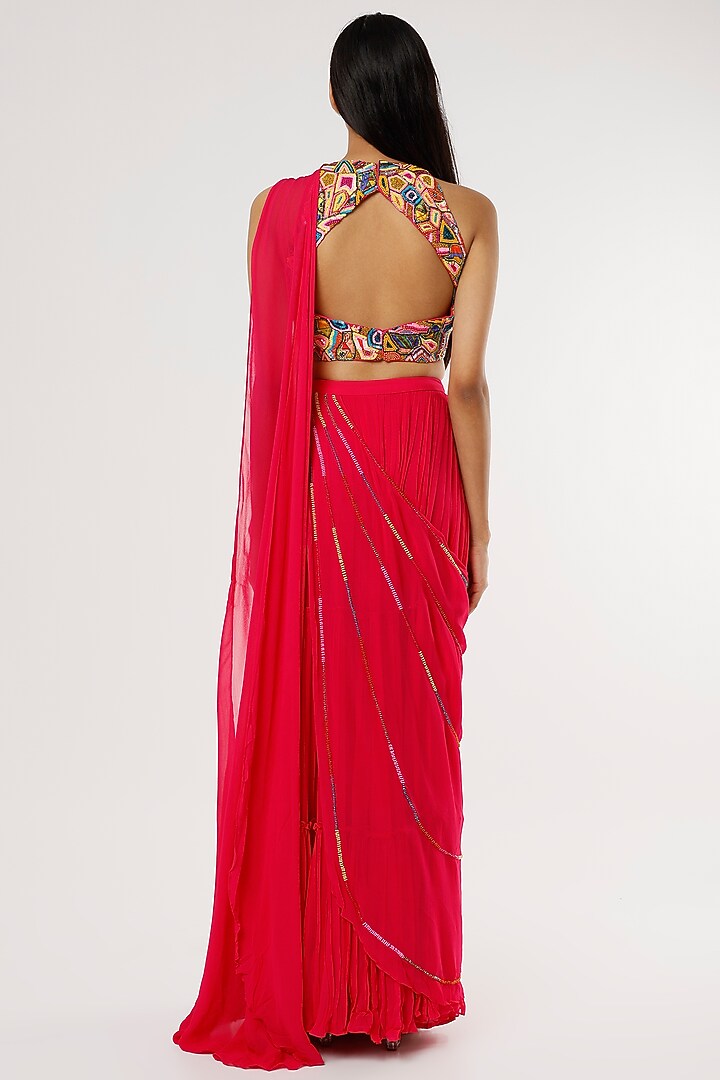 Fuchsia Georgette Sequins Embroidered Tiered Skirt Wedding Saree Set by DiyaRajvvir at Pernia's Pop Up Shop