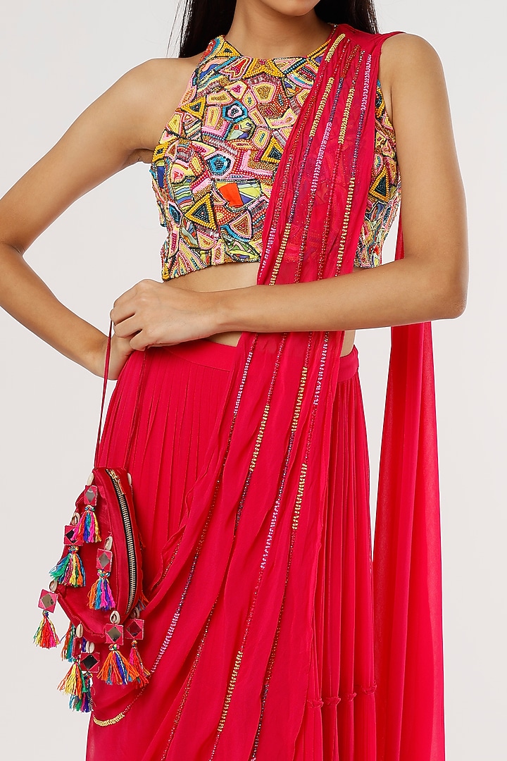 Fuchsia Georgette Sequins Embroidered Tiered Skirt Wedding Saree Set by DiyaRajvvir at Pernia's Pop Up Shop