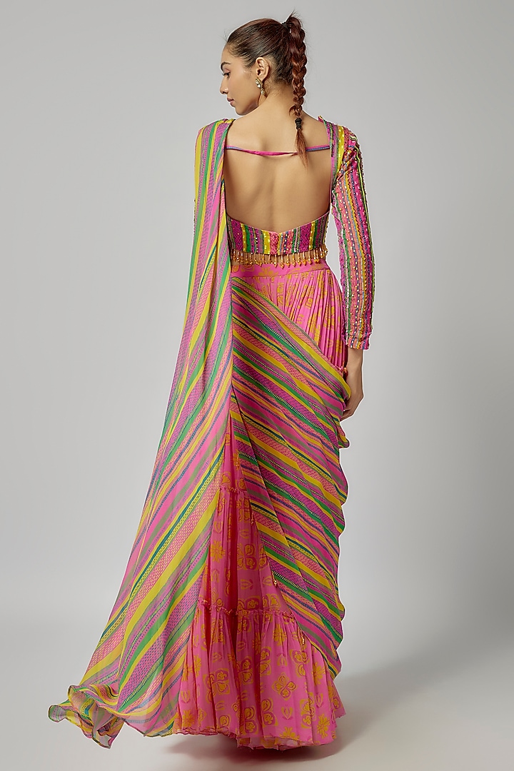 Pink Crepe & Georgette Boota Printed Tiered Skirt Wedding Saree Set by DiyaRajvvir at Pernia's Pop Up Shop