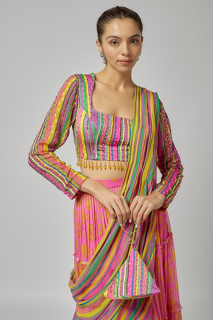 Pink Crepe & Georgette Boota Printed Tiered Skirt Wedding Saree Set by DiyaRajvvir at Pernia's Pop Up Shop