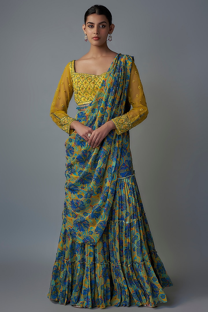 Blue Tulle & Georgette Digital Printed Gharara Pant Saree Set by DiyaRajvvir at Pernia's Pop Up Shop