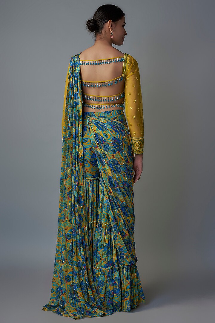 Blue Tulle & Georgette Digital Printed Gharara Pant Wedding Saree Set by DiyaRajvvir at Pernia's Pop Up Shop