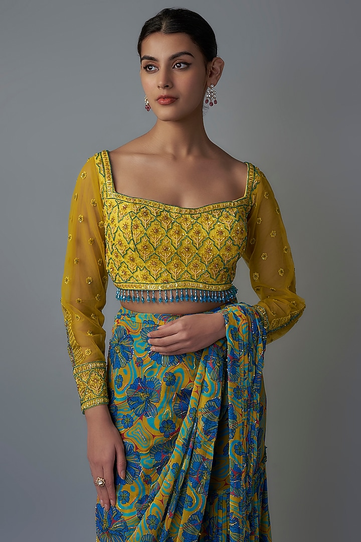 Blue Tulle & Georgette Digital Printed Gharara Pant Wedding Saree Set by DiyaRajvvir at Pernia's Pop Up Shop