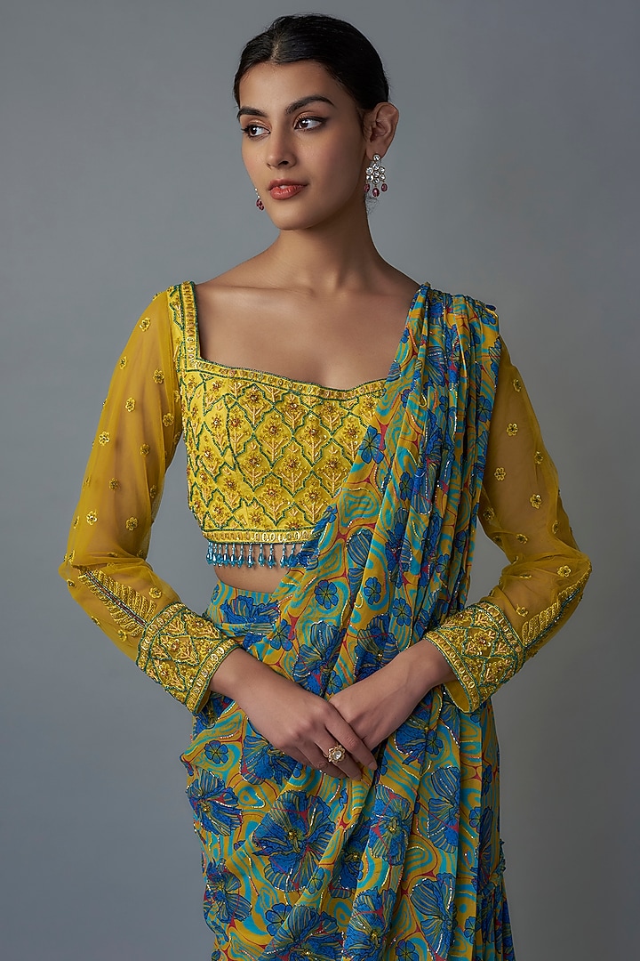 Blue Tulle & Georgette Digital Printed Gharara Pant Wedding Saree Set by DiyaRajvvir at Pernia's Pop Up Shop