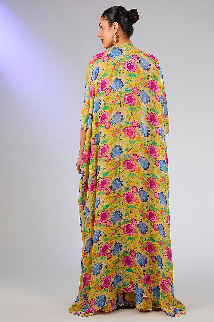 Yellow Georgette Digital Printed Cape Set by DiyaRajvvir at Pernia's Pop Up Shop
