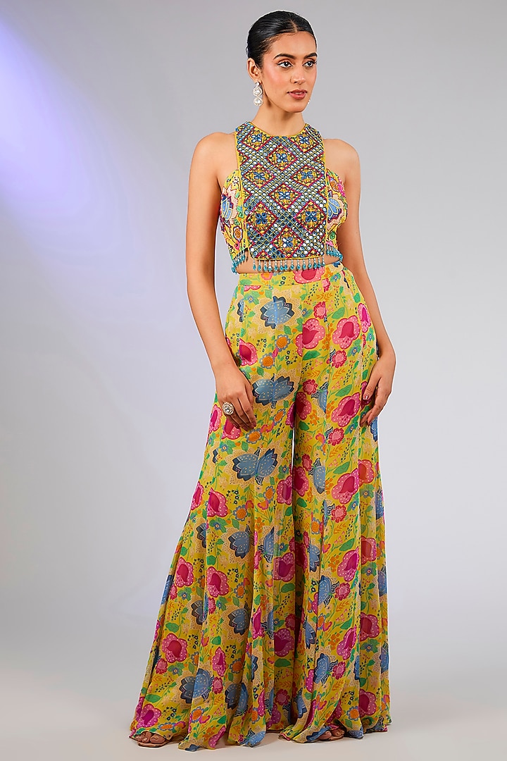 Yellow Georgette Digital Printed Cape Set by DiyaRajvvir at Pernia's Pop Up Shop