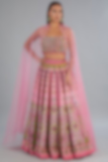 Onion Pink Cotton SIlk Geometric Printed & Cutdana Embroidered Wedding Lehenga Set by DiyaRajvvir at Pernia's Pop Up Shop