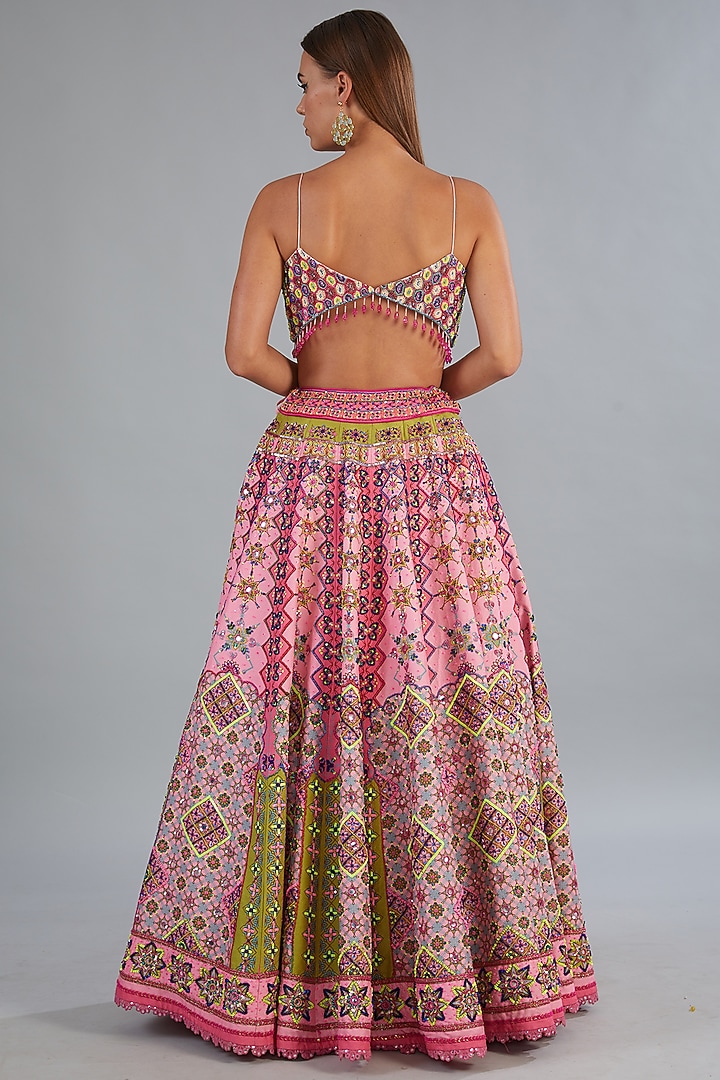 Onion Pink Cotton SIlk Geometric Printed & Cutdana Embroidered Wedding Lehenga Set by DiyaRajvvir at Pernia's Pop Up Shop