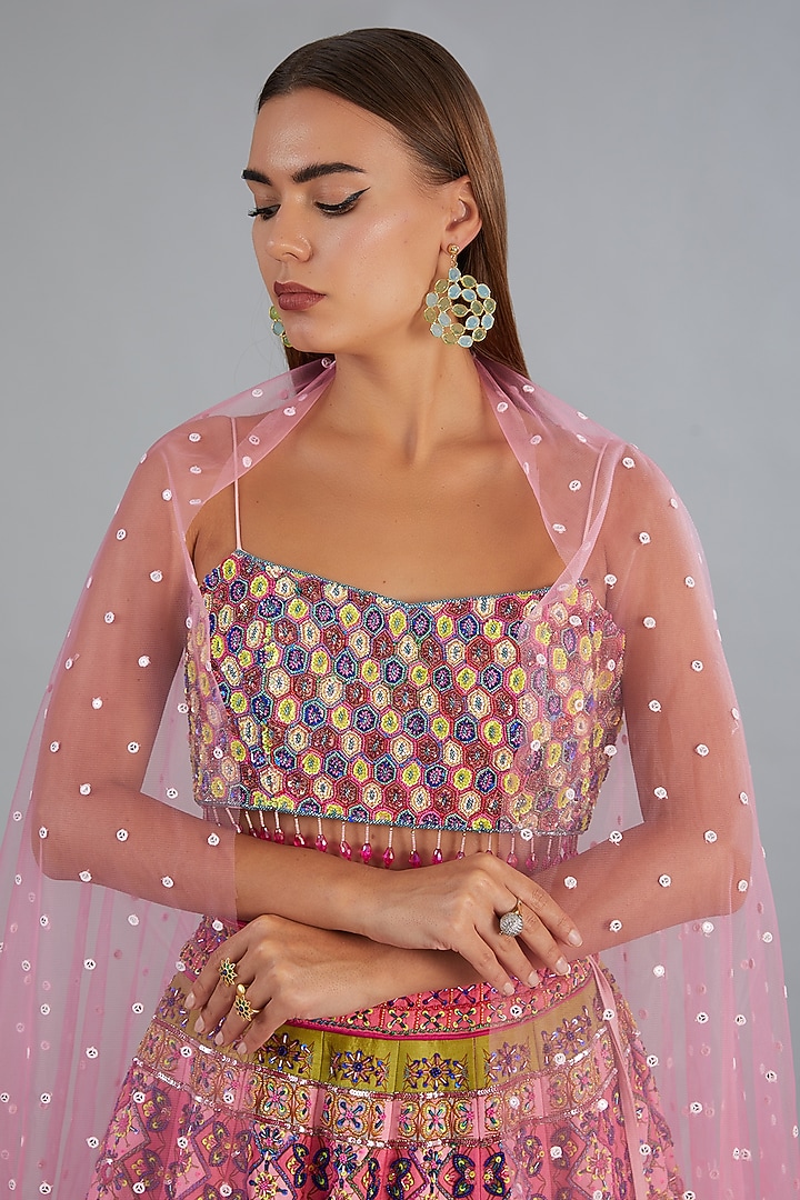 Onion Pink Cotton SIlk Geometric Printed & Cutdana Embroidered Wedding Lehenga Set by DiyaRajvvir at Pernia's Pop Up Shop