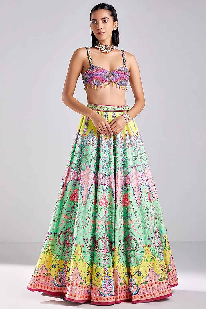 Neon Cotton Silk Floral Printed & Embroidered Wedding Lehenga Set by DiyaRajvvir at Pernia's Pop Up Shop
