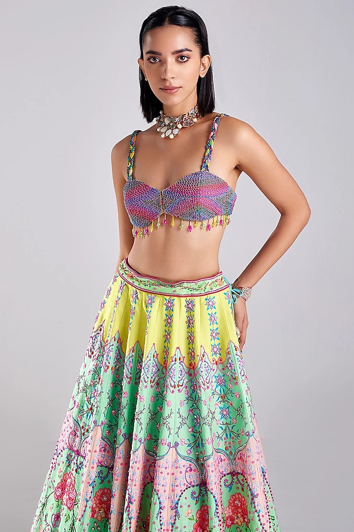 Neon Cotton Silk Floral Printed & Embroidered Wedding Lehenga Set by DiyaRajvvir at Pernia's Pop Up Shop