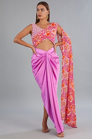 Fuchsia Satin Lycra Pearl Embroidered & Floral Jaal Printed Asymmetric Draped Gown Saree by DiyaRajvvir