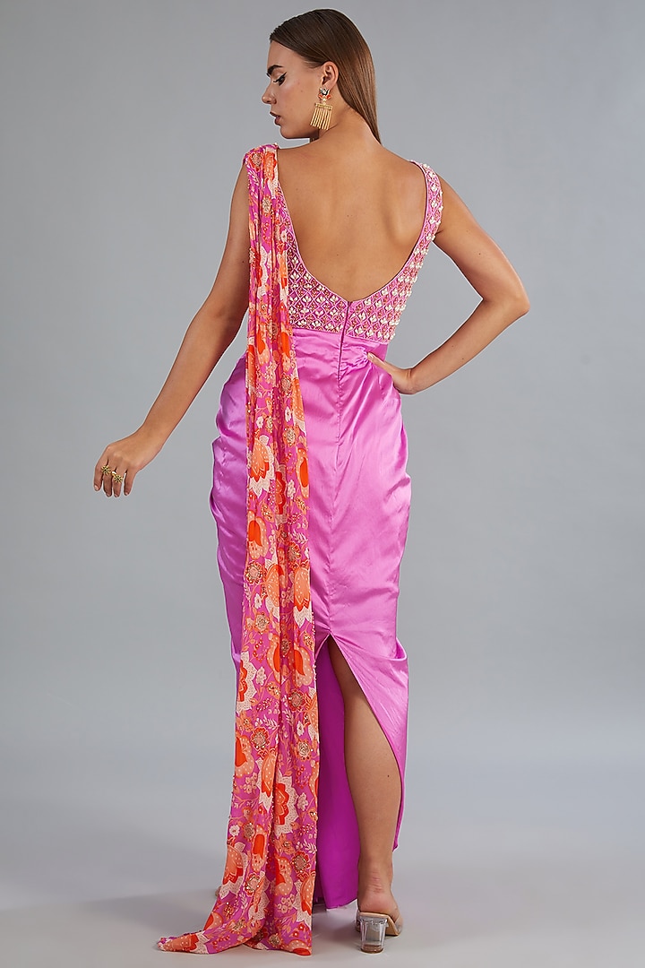 Fuchsia Satin Lycra Pearl Embroidered & Floral Jaal Printed Asymmetric Draped Wedding Gown Saree by DiyaRajvvir at Pernia's Pop Up Shop