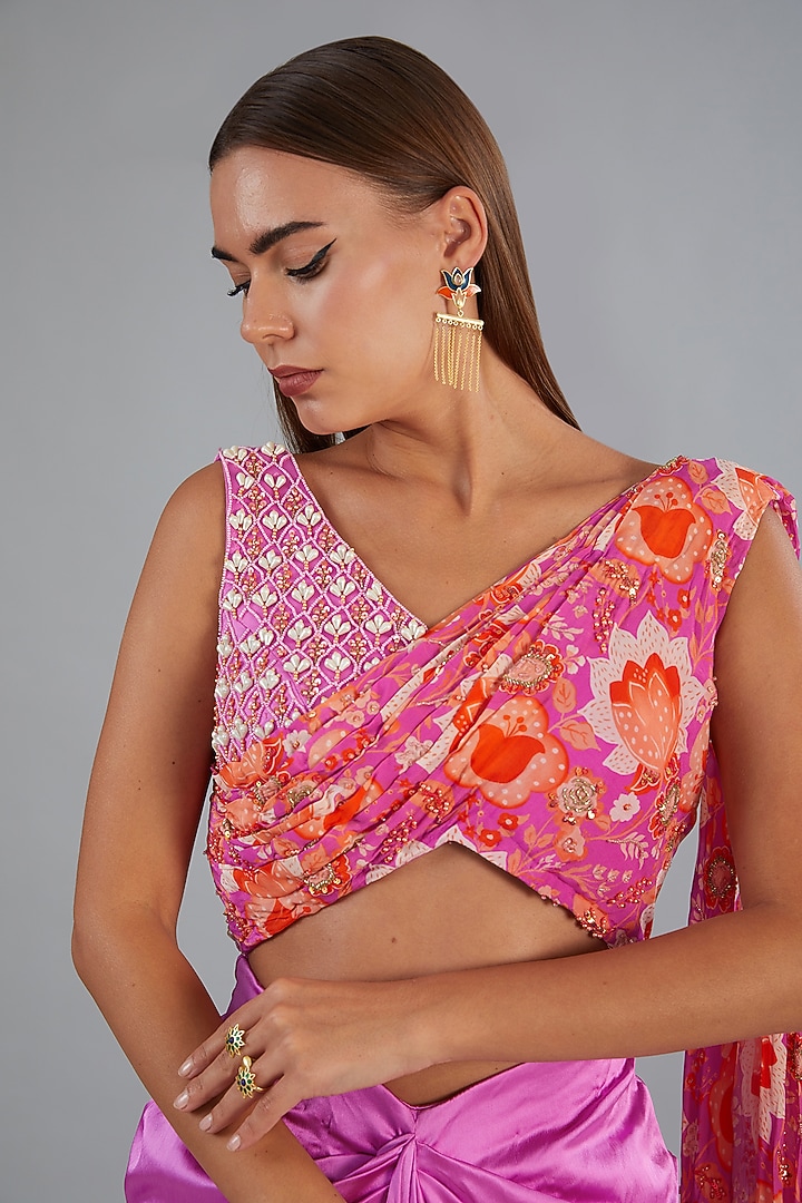 Fuchsia Satin Lycra Pearl Embroidered & Floral Jaal Printed Asymmetric Draped Wedding Gown Saree by DiyaRajvvir at Pernia's Pop Up Shop
