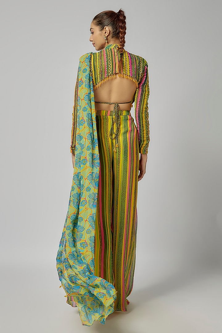 Multi-Colored Georgette Stripe Printed Box Pleated Pant Wedding Saree Set by DiyaRajvvir at Pernia's Pop Up Shop
