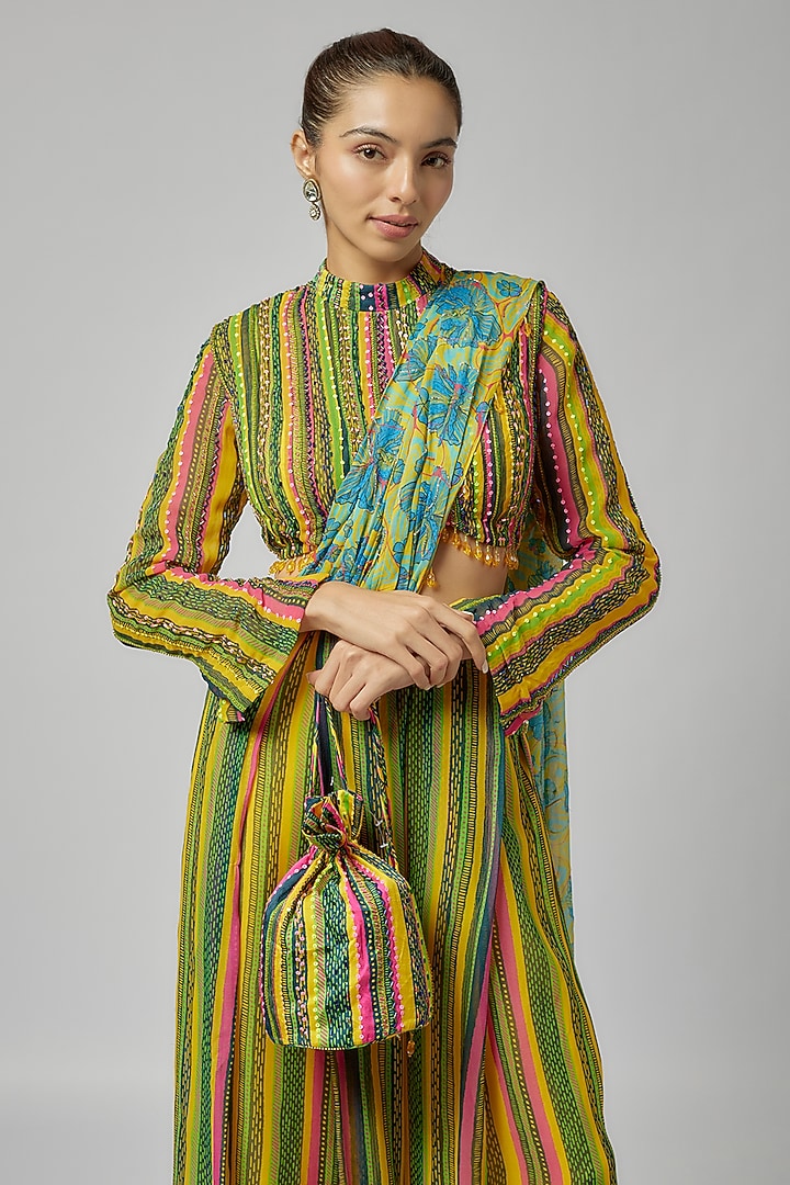 Multi-Colored Georgette Stripe Printed Box Pleated Pant Wedding Saree Set by DiyaRajvvir at Pernia's Pop Up Shop
