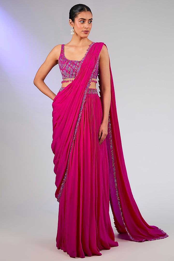 Fuchsia Crepe & Cotton Silk Draped Skirt Wedding Saree Set by DiyaRajvvir at Pernia's Pop Up Shop