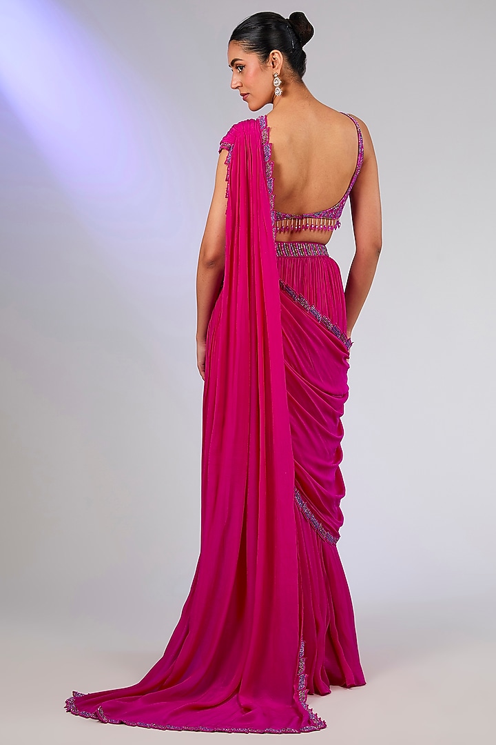 Fuchsia Crepe & Cotton Silk Draped Skirt Wedding Saree Set by DiyaRajvvir at Pernia's Pop Up Shop