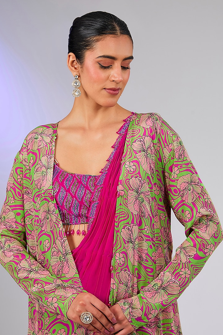 Fuchsia Crepe & Cotton Silk Draped Skirt Wedding Saree Set by DiyaRajvvir at Pernia's Pop Up Shop