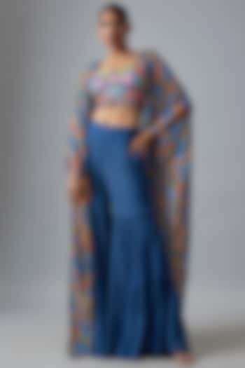 Dark Blue Georgette & Tulle Floral Jaal Printed Cape Set by DiyaRajvvir at Pernia's Pop Up Shop