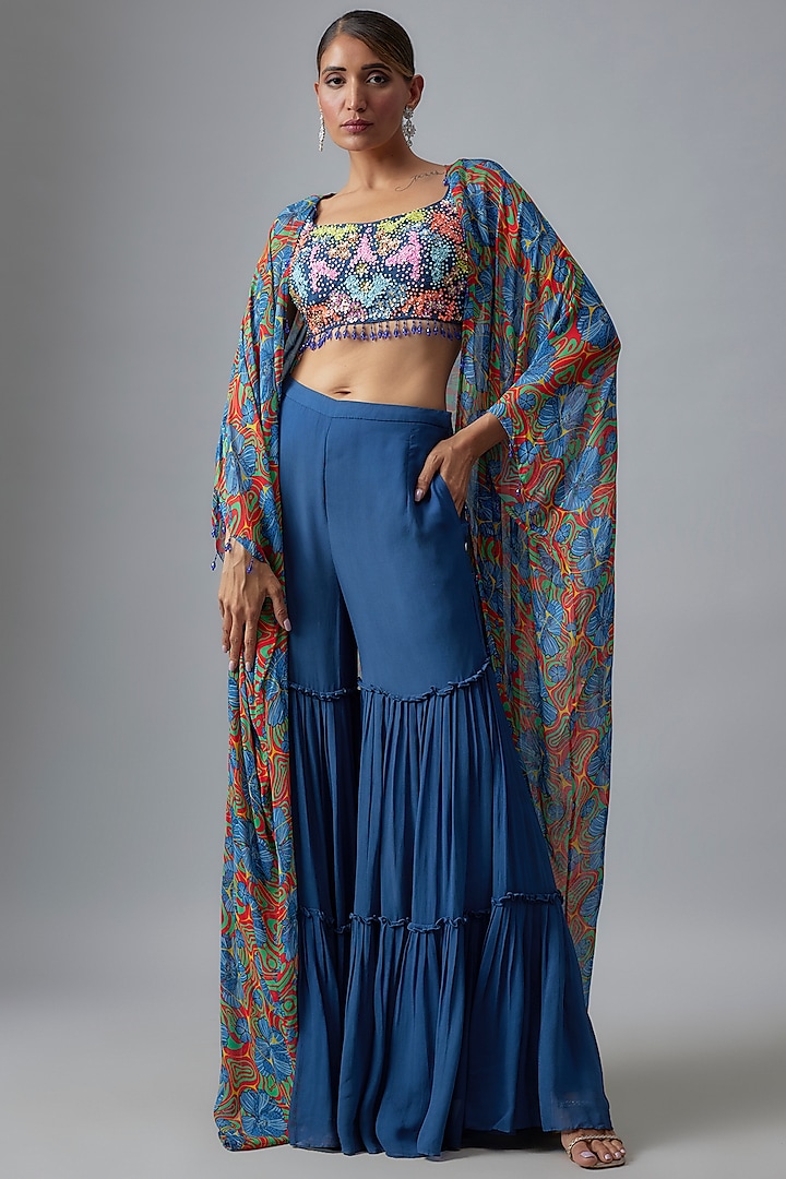 Dark Blue Georgette & Tulle Floral Jaal Printed Cape Set by DiyaRajvvir at Pernia's Pop Up Shop