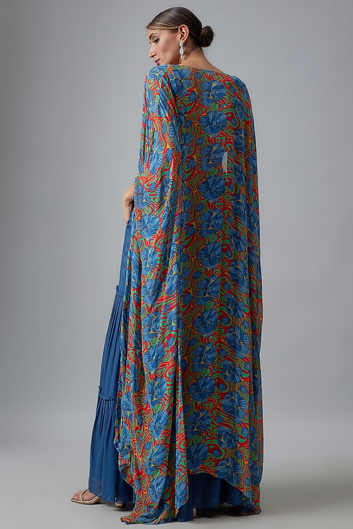 Dark Blue Georgette & Tulle Floral Jaal Printed Cape Set by DiyaRajvvir at Pernia's Pop Up Shop