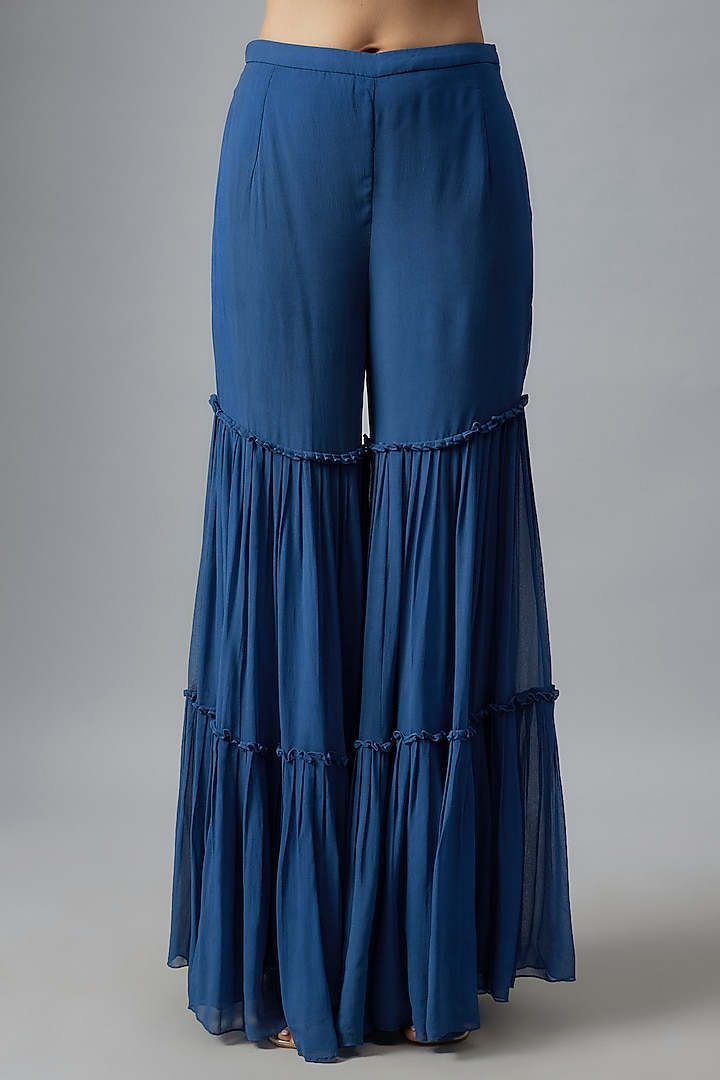 Dark Blue Georgette & Tulle Floral Jaal Printed Cape Set by DiyaRajvvir at Pernia's Pop Up Shop