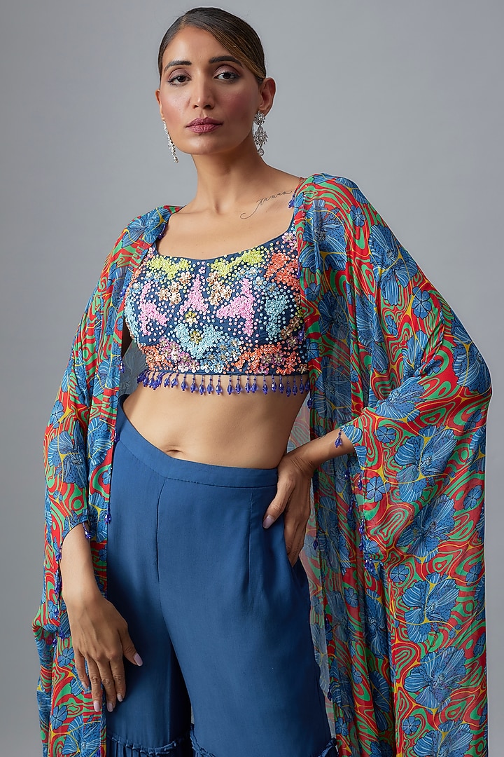 Dark Blue Georgette & Tulle Floral Jaal Printed Cape Set by DiyaRajvvir at Pernia's Pop Up Shop