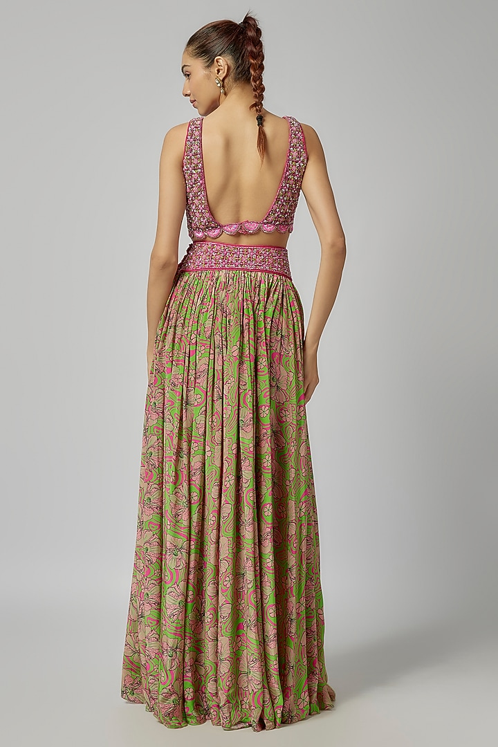 Multi-Colored Tulle & Crepe Jaal Printed Pleated Wedding Lehenga Set by DiyaRajvvir at Pernia's Pop Up Shop