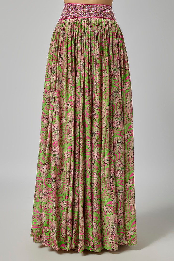 Multi-Colored Tulle & Crepe Jaal Printed Pleated Wedding Lehenga Set by DiyaRajvvir at Pernia's Pop Up Shop