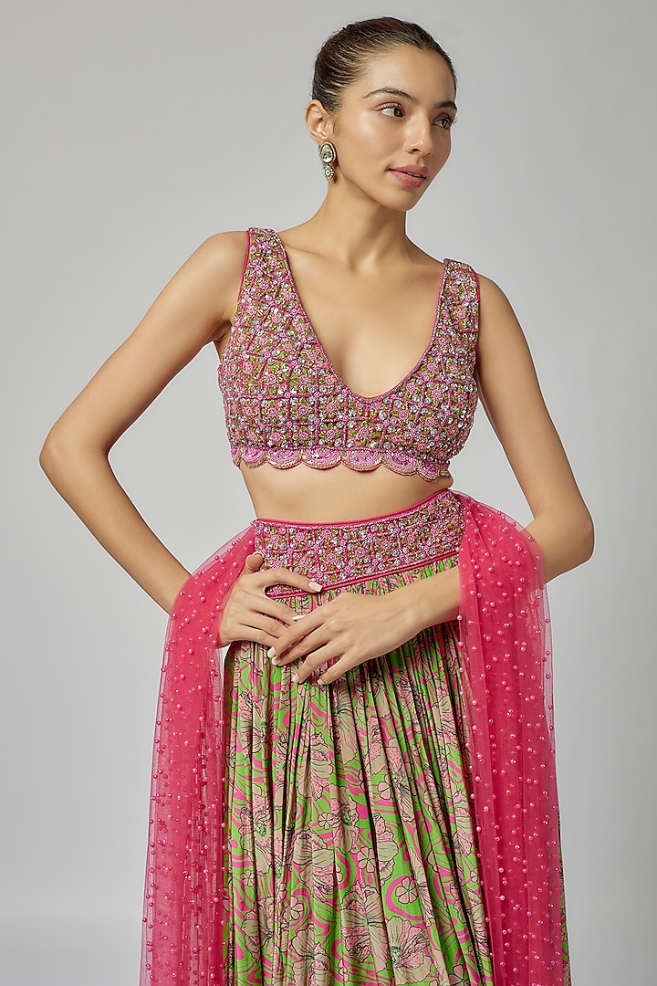 Multi-Colored Tulle & Crepe Jaal Printed Pleated Wedding Lehenga Set by DiyaRajvvir at Pernia's Pop Up Shop