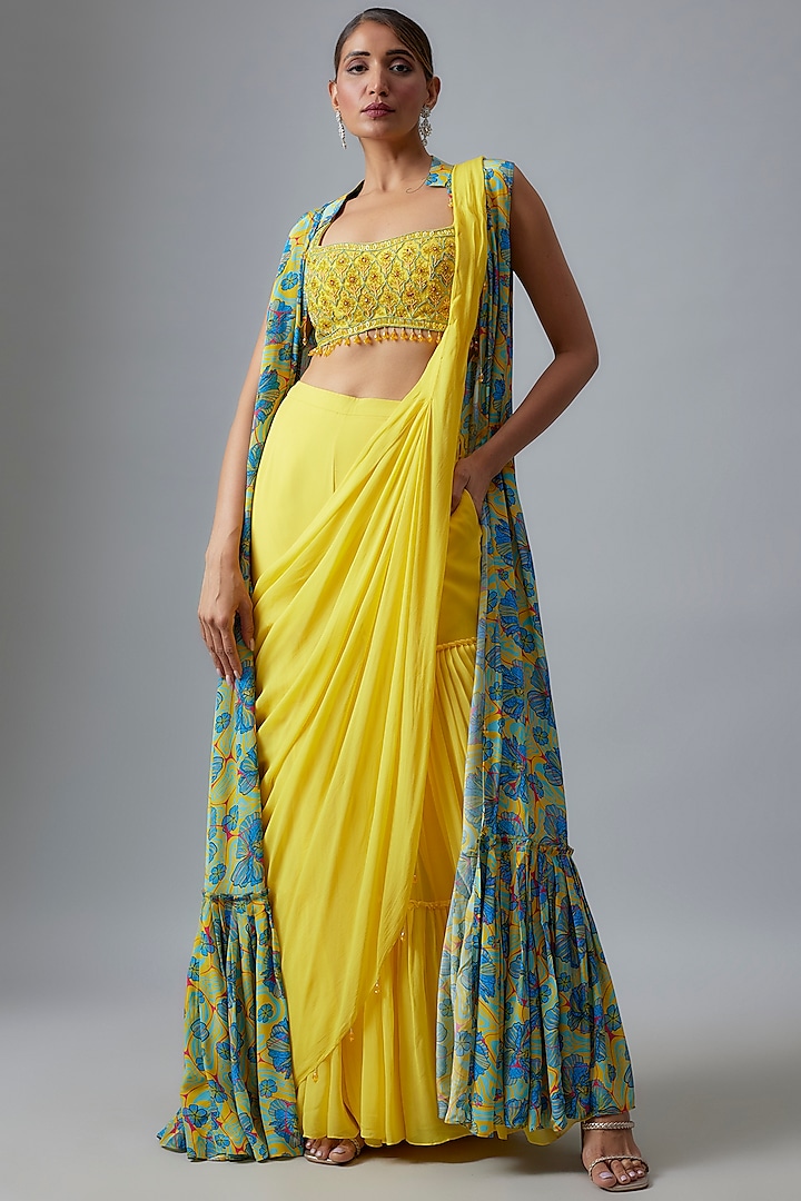 Yellow Tulle & Georgette Sharara Saree Set With Cape 

 by DiyaRajvvir at Pernia's Pop Up Shop