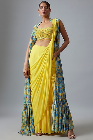 Yellow Tulle & Georgette Sharara Saree Set With Cape 

 by DiyaRajvvir