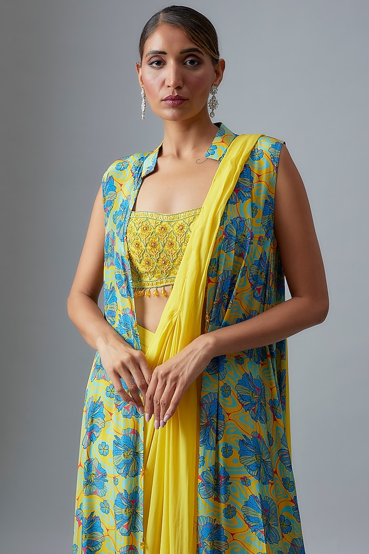 Yellow Tulle & Georgette Sharara Wedding Saree Set With Cape
by DiyaRajvvir at Pernia's Pop Up Shop