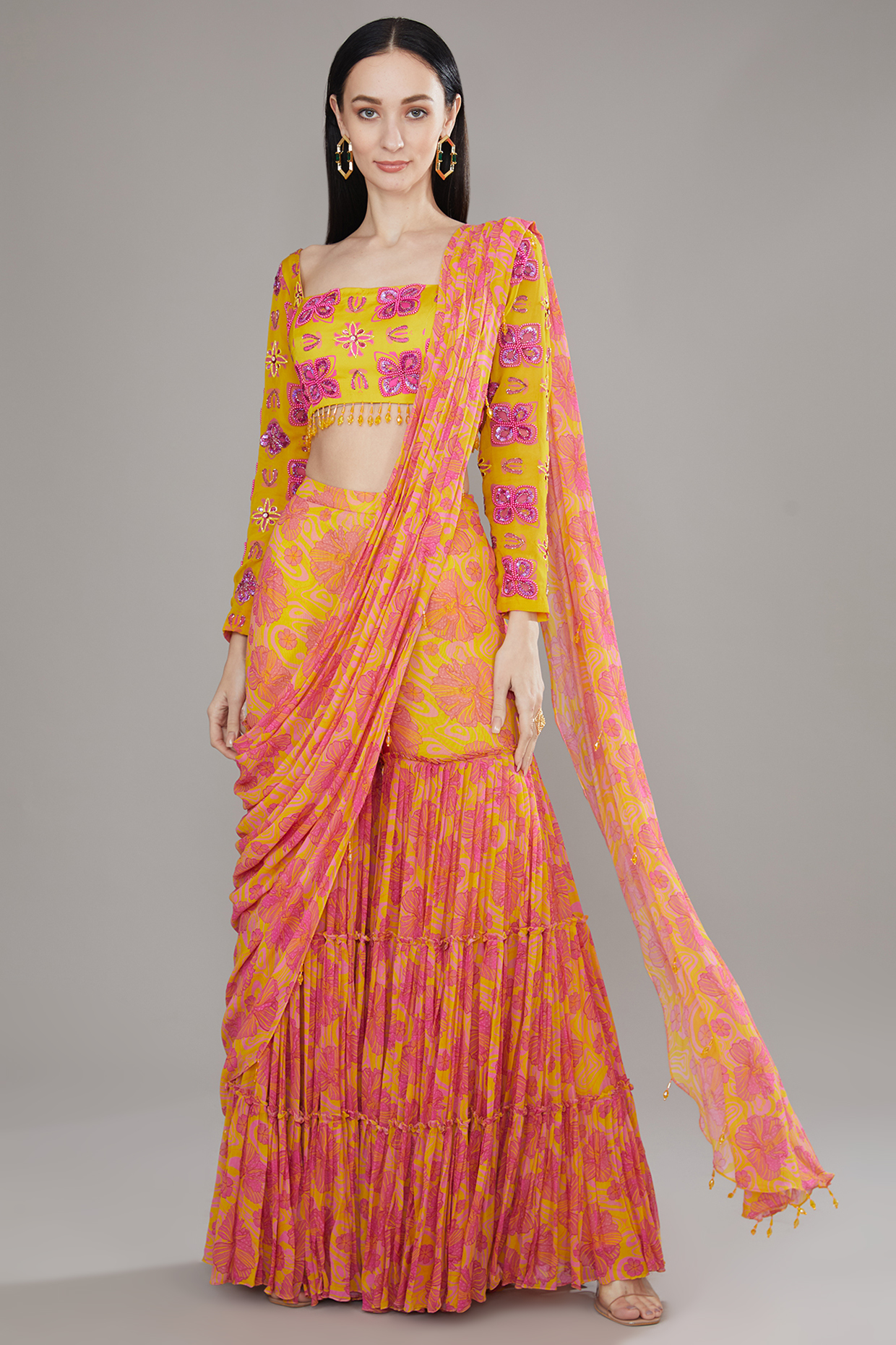 Orange Modal & Georgette Printed Draped Wedding Sharara Set by DiyaRajvvir at Pernia's Pop Up Shop